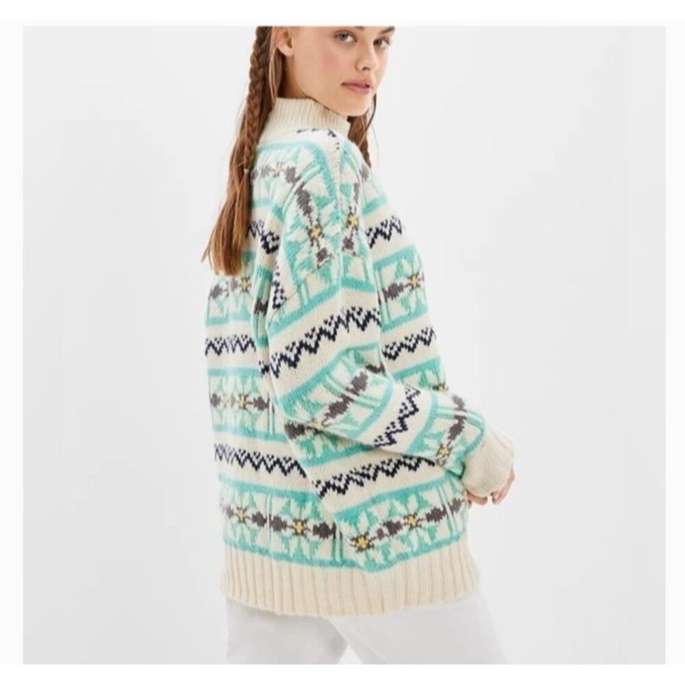 American Eagle Fair Isle Knit Mock Neck Sweater Teal White Medium
